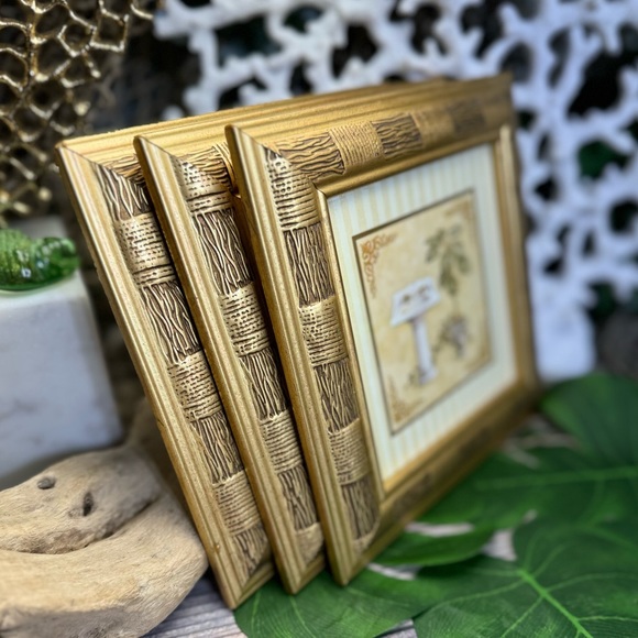 3 VINTAGE GOLD FRAMED PALM TREE NAUTICAL COASTAL BATHROOM PICTURES Bundle Bamboo - Picture 11 of 14